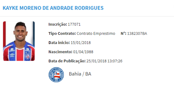 Contrato de Kayke é registrado no BID da CBF (Foto: Reprodução/CBF)